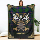 Clan Carmichael Modern Tartan Crest Premium Blanket Celtic Stag Style TT36 Clan Carmichael Tartan Today
